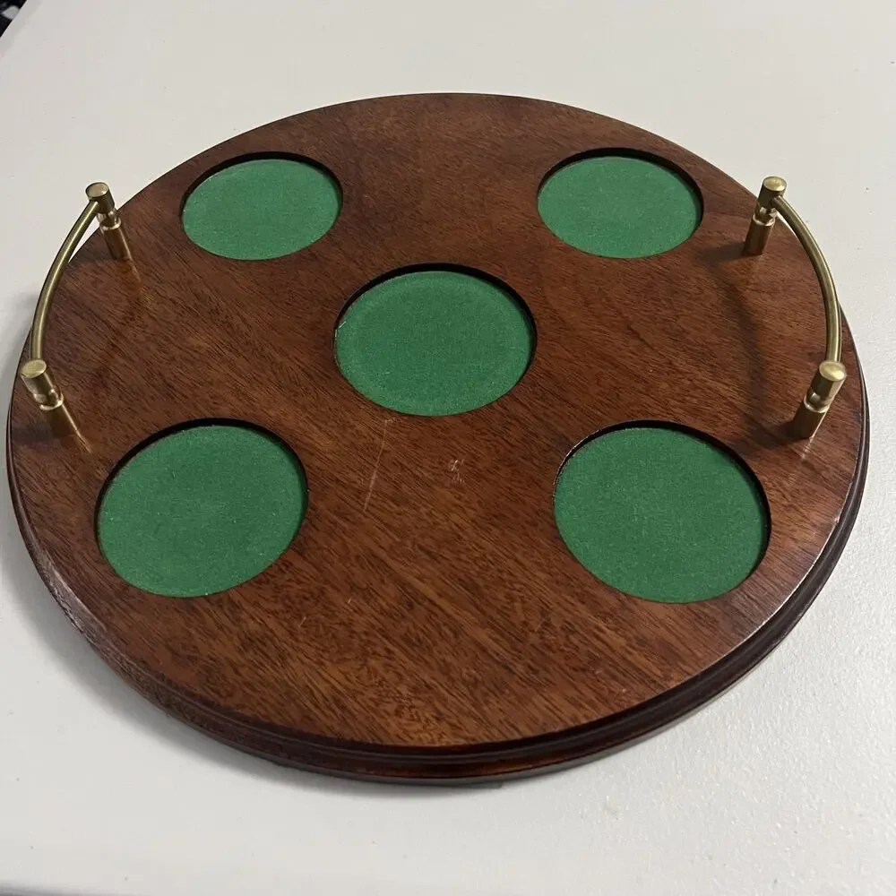 Vintage Mahogany Wood Drink Serving Tray Round Green Felt Brass‎ Handles Barware